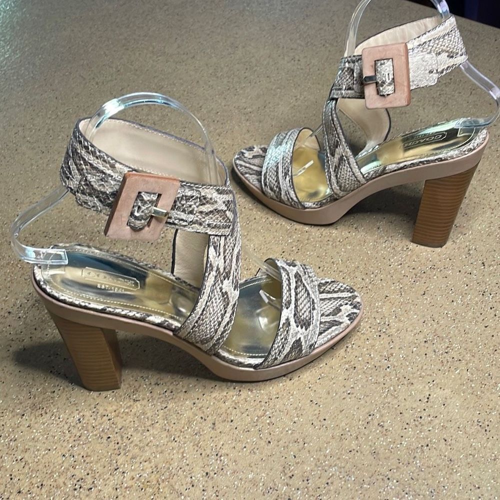 Coach Kensington Snake Print Ankle Wrap Platform Heeled Sandals 8.5 Nude, Taupe